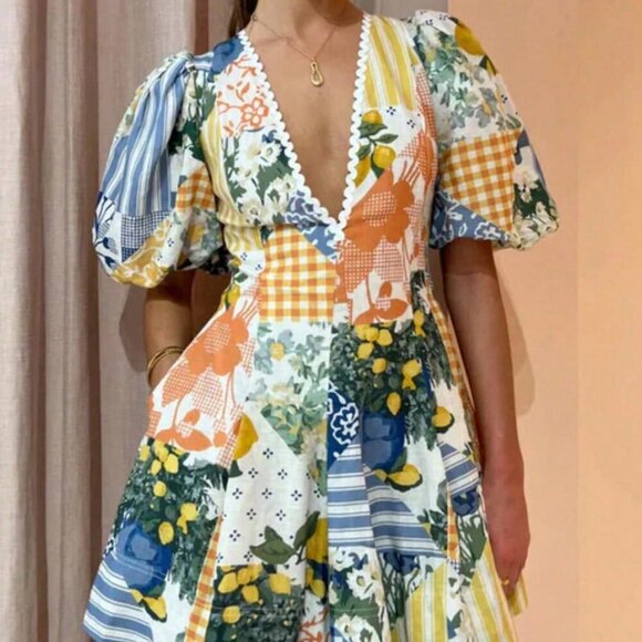 Multicolor Boho Women's Lemon Color Patchwork Wavy Print Mni Dress - Picture 5 of 5